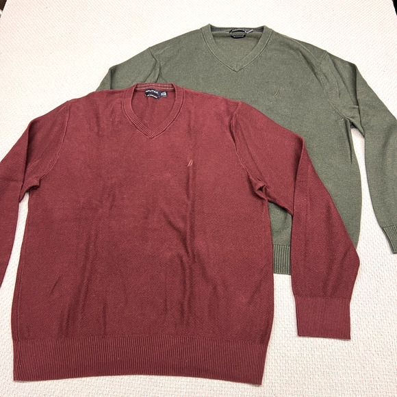 Lot of 2 Nautica Sweaters Mens XXL Red Green Cotton Vneck Pullover Classic - Picture 1 of 7